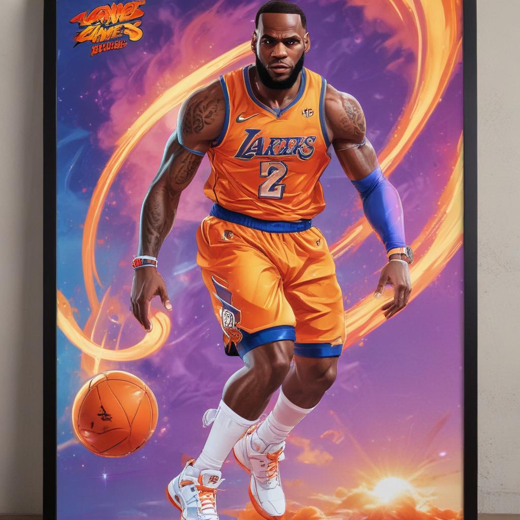 distance-shot, flashy, full-body, dynamic, holographic, animated cartoon poster of lebron james in the style of dragon ball super