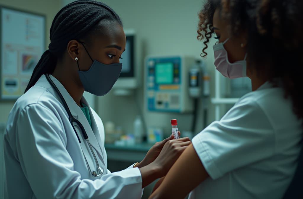  professional detailed photography, a black nurse takes a sample of red liquid from a vein from a black female patient in the examination room of a medical institution ar 3:2, (muted colors, dim colors, soothing tones), (vsco:0.3)