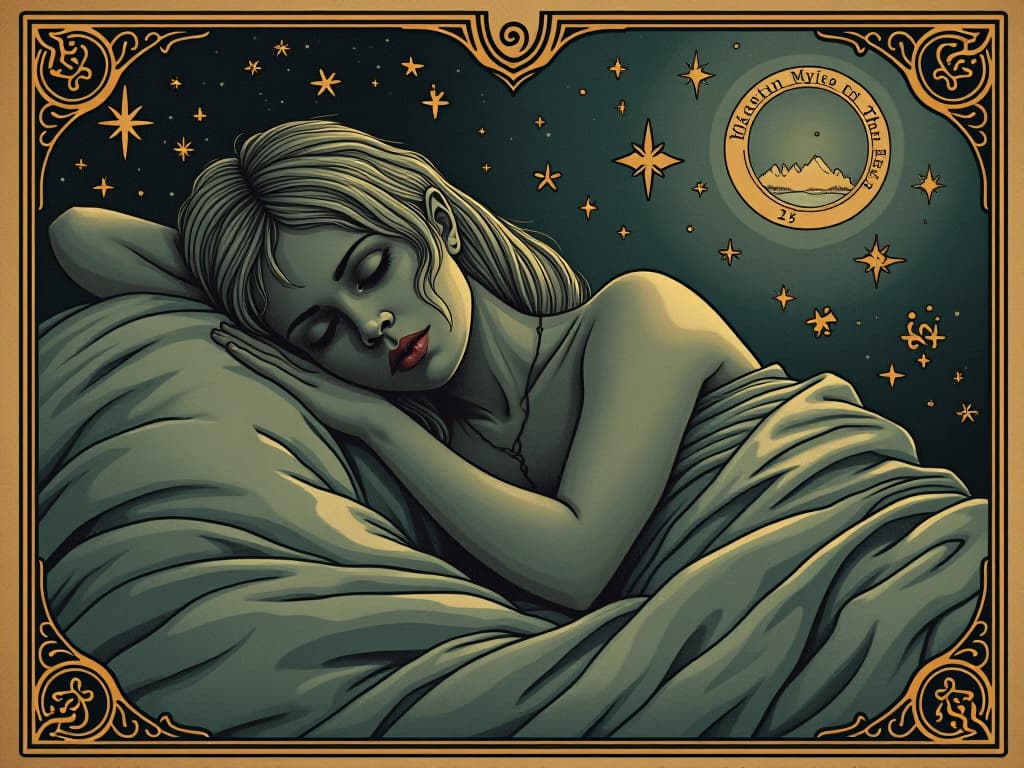  a figure in deep sleep, surrounded by dream like symbols and celestial whispers, peaceful, secretive. an illustration in the style of a worn, mystical old tarot trump card, mysterious and elements of surrealism. the colors are muted, somber and eerie, but with contrast bring out an occult and esoteric vibe.