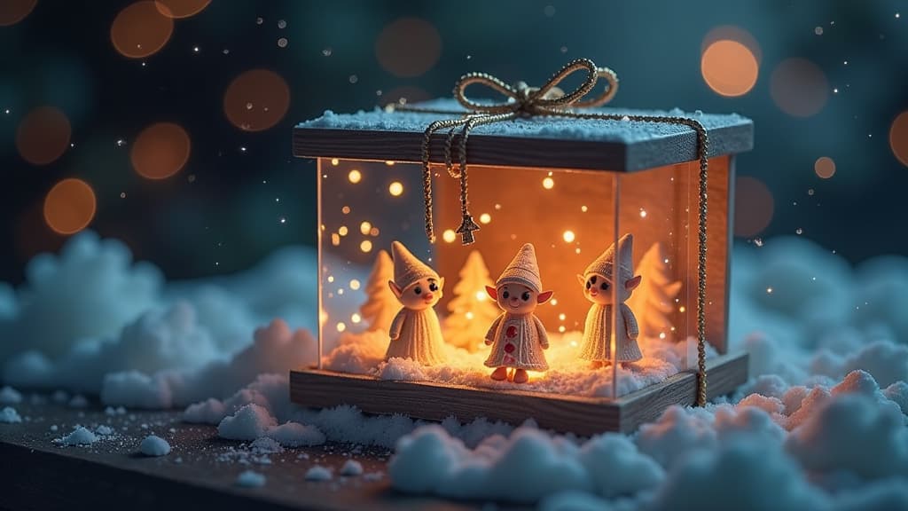  a christmas gift in the form of a mysterious box with a transparent lid and walls, inside which glowing snowflakes and small elf figures sparkle ar 16:9, (natural skin texture), highly detailed face, depth of field, hyperrealism, soft light, muted colors