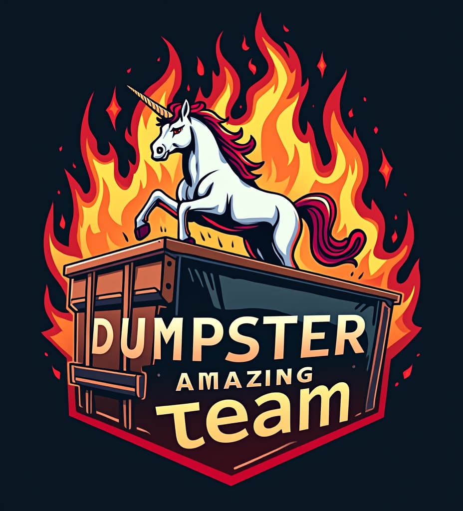  vector illustration logo of dumpster fire. on the dumpster is a unicorn and the text "austin's amazing team", high quality, high details, hd, perfect composition, 4k epic detailed, highly detailed, sharp focus, high resolution