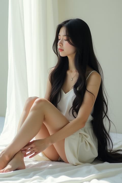  a serene scene featuring a girl with very long black hair, sitting gracefully with her eyes closed. the composition showcases her full body in a natural and peaceful pose, surrounded by a soft, ethereal light that enhances her tranquility. the setting is minimalistic to emphasize her figure and the flowing hair that cascades around her, creating an atmosphere of calmness and beauty.