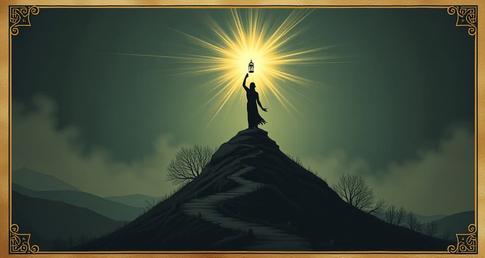  a radiant figure on top of a hill, light beams casting into the dark landscape below, figure holds a lantern high, guiding others, beacon. an illustration in the style of a worn, mystical old tarot trump card, mysterious and elements of surrealism. the colors are muted, somber and eerie, but with contrast bring out an occult and esoteric vibe.