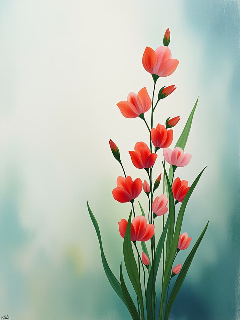  stylized, abstract painting featuring a floral arrangement. the layout is vertical, with the flowers and leaves extending upwards. the subject consists of vibrant red and pink flowers with smooth, rounded petals, and elongated green leaves. the background is a soft, muted gradient of light blues and greens, providing a gentle contrast to the bold colors of the flowers. the painting has a soft, almost blurred quality, giving it a dreamy and serene feel. there are no people, text, or logos present in the image.