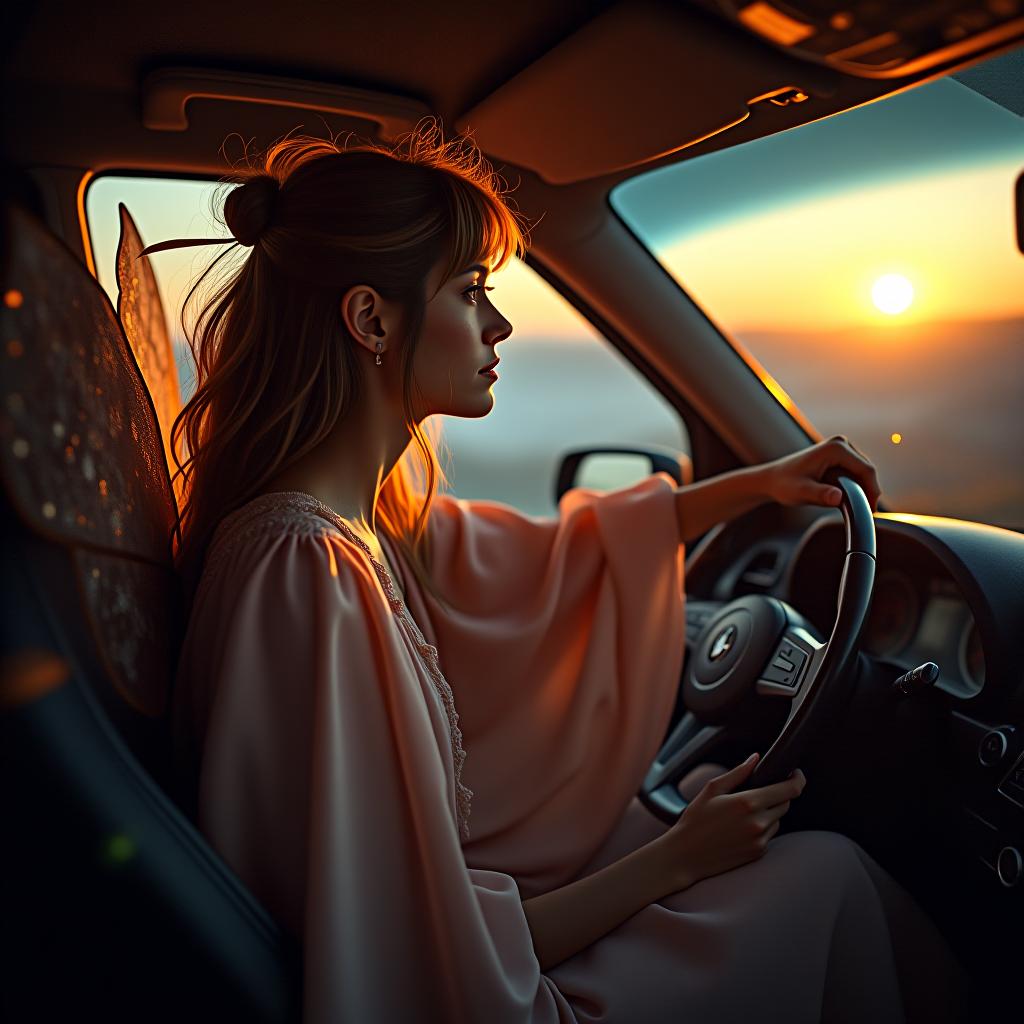  a fairy driving a car, photography, on a mountain, sunset light, hdr 4k hyperrealistic, full body, detailed clothing, highly detailed, cinematic lighting, stunningly beautiful, intricate, sharp focus, f/1. 8, 85mm, (centered image composition), (professionally color graded), ((bright soft diffused light)), volumetric fog, trending on instagram, trending on tumblr, HDR 4K, 8K