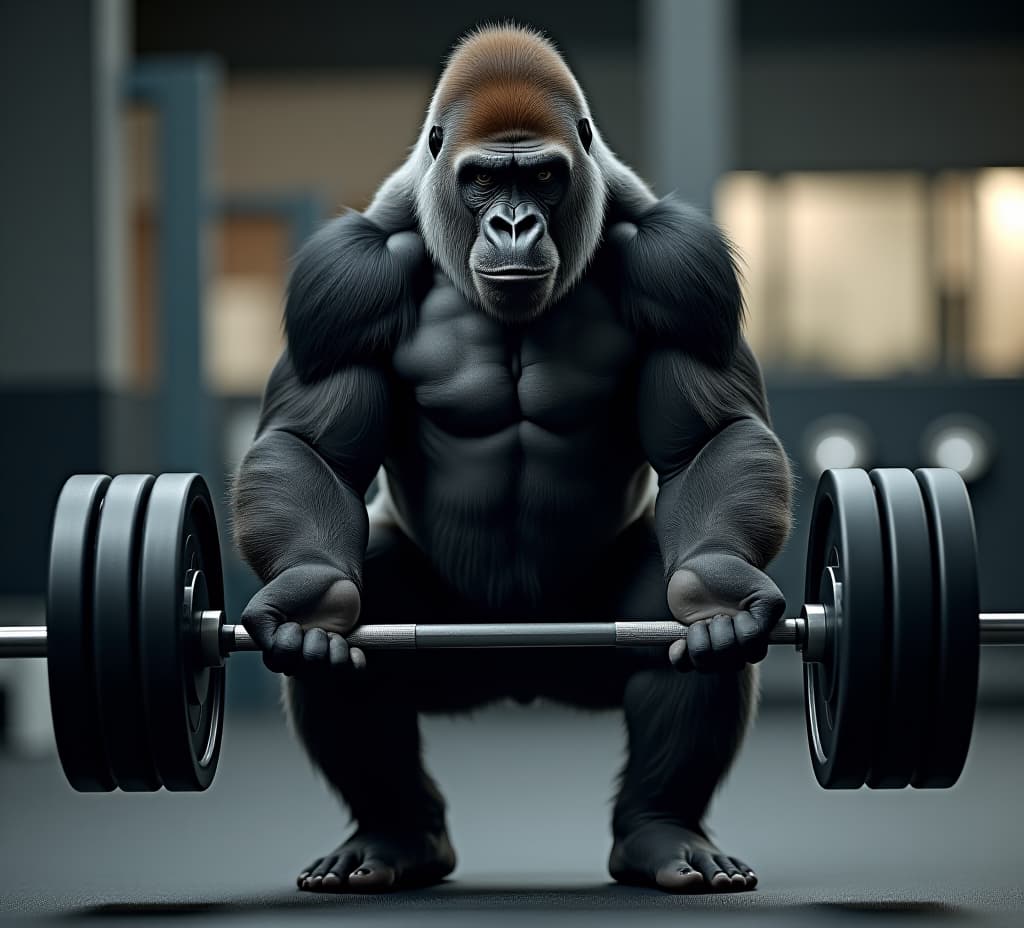  a gorilla working out in gym with a barbell