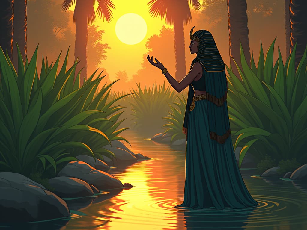  garden of papyrus, tranquil stream, golden light of sunrise, nurturing and serene atmosphere. the style is digital art illustration / modern comic book / mysterious occult, symbolic, esoteric vibe,high detail on character design, incorporating ancient egyptian symbology and attire.