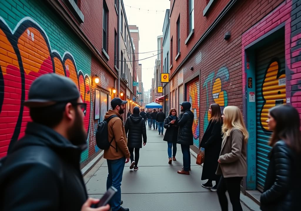  a vibrant scene in toronto's graffiti alley, featuring colorful murals and street art, people taking photos and exploring the alley, and the eclectic atmosphere of the queen street west neighborhood., in the style of photorealistic hyperrealistic, full body, detailed clothing, highly detailed, cinematic lighting, stunningly beautiful, intricate, sharp focus, f/1. 8, 85mm, (centered image composition), (professionally color graded), ((bright soft diffused light)), volumetric fog, trending on instagram, trending on tumblr, HDR 4K, 8K