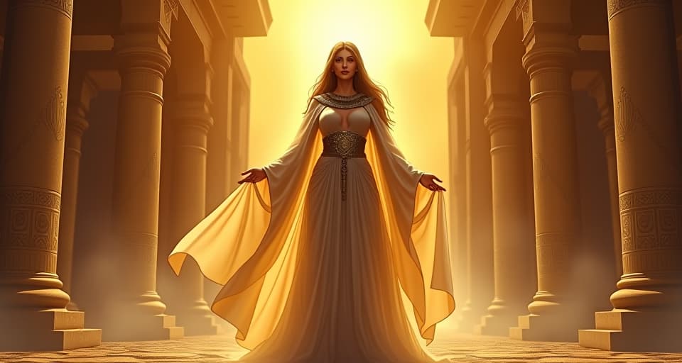  a large busted priestess dressed in sheer, flowing robes, standing in a beam of divine light amid ancient ruins, aura of unwavering truth and strength. the style is digital art illustration / modern comic book / mysterious occult, symbolic, esoteric vibe,high detail on character design, incorporating ancient egyptian symbology and attire.