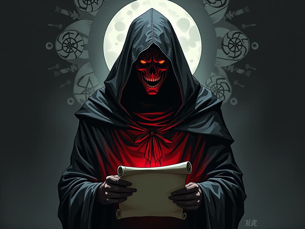  cloaked figure in sinister robes, under a spotlight, face contorted in revelation, backdrop of shadowy twisted motives, moonlight casting harsh shadows, secret scroll unfurling.. the style is dark fantasy and mysterious occult, symbolic, moody lighting, esoteric vibe,high detail on character design. for the color scheme emphasize blacks and reds.