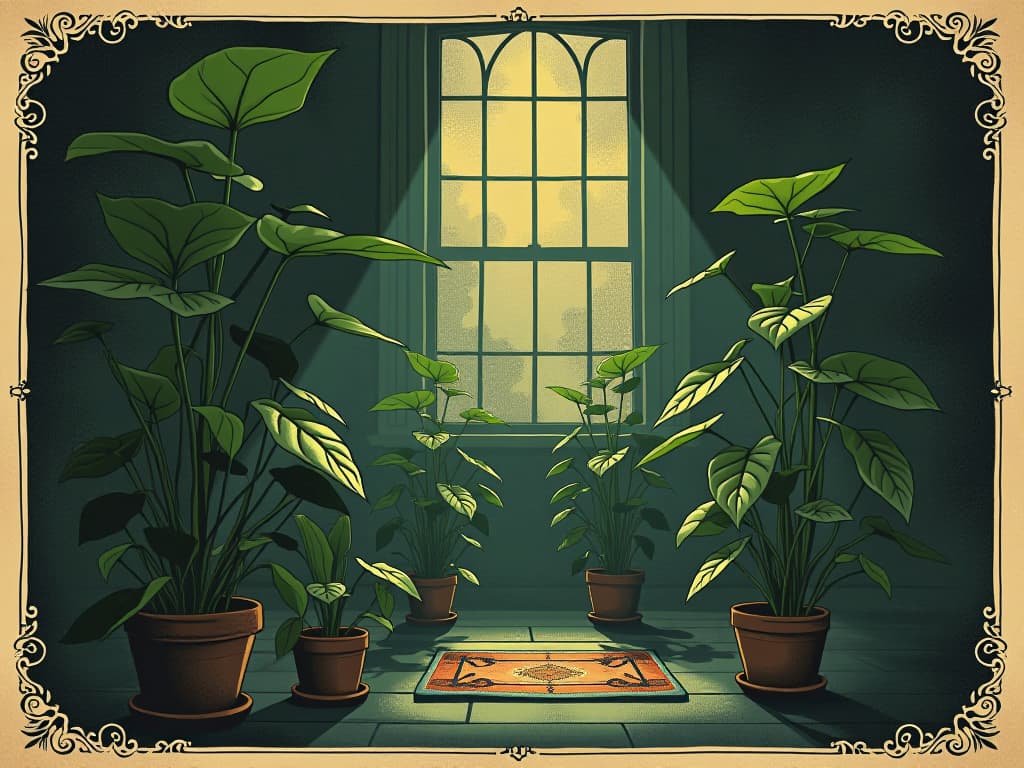  room with artificial plants, stiff leaves, plastic stems, shadows filling gaps, hollow essence, empty and superficial mood. an illustration in the style of a worn, mystical old tarot trump card, mysterious and elements of surrealism. the colors are muted, somber and eerie, but with contrast bring out an occult and esoteric vibe.