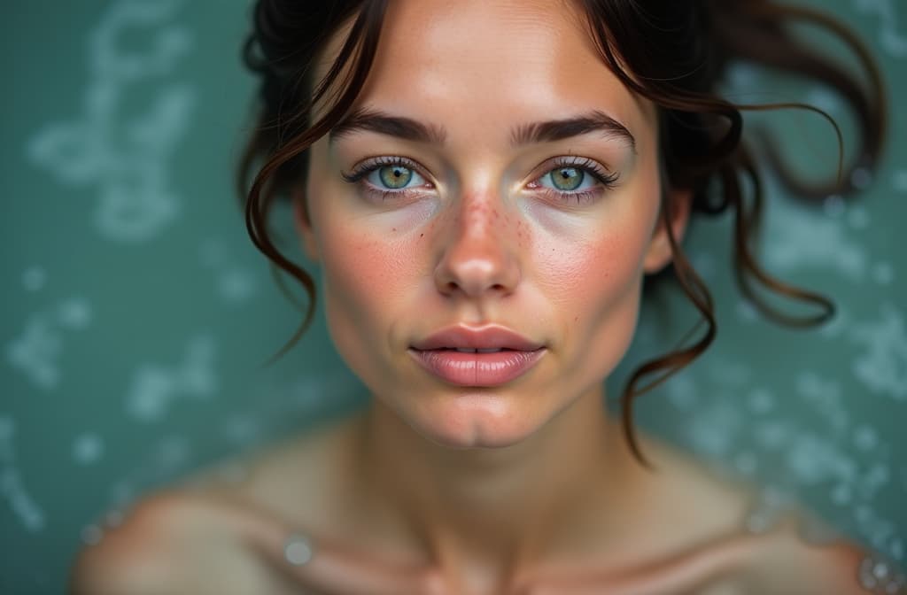  professional detailed photography, young woman with clean skin and splash water. ar 3:2, (muted colors, dim colors, soothing tones), (vsco:0.3)