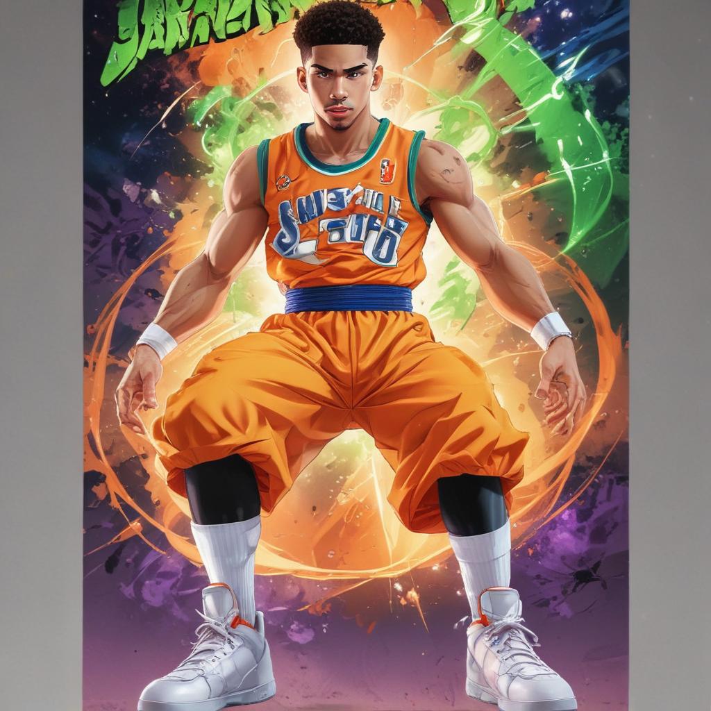 distance-shot, flashy, full-body, dynamic, holographic, animated cartoon poster of jayson tatum in the style of dragon ball super