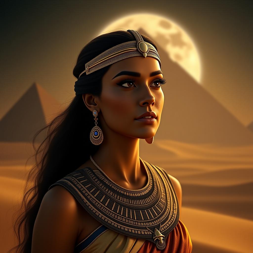  create a high quality, photorealistic image that vividly depicts the following scene: a hyper realistic panoramic of cleopatra (dark haired, almond eyed, regal in her royal egyptian attire) against a vast night sky, moon on one horizon and great pyramid in shadow on the other. now iconic contours of apollo 11 spacecraft ghosted in the starry background. time frozen dunes and rippling nile form the stage, wrapped in soft 1896 style sepia tones. captured on canon eos r5, nikon nikkor z 24 70mm f/2.8, iso 500, 10s, 8k, unedited, created with atmospheric depth and detailed aesthetics. the image should: focus on the specific actions, emotions, and elements described in the scene show detailed facial expressions and body lan hyperrealistic, full body, detailed clothing, highly detailed, cinematic lighting, stunningly beautiful, intricate, sharp focus, f/1. 8, 85mm, (centered image composition), (professionally color graded), ((bright soft diffused light)), volumetric fog, trending on instagram, trending on tumblr, HDR 4K, 8K