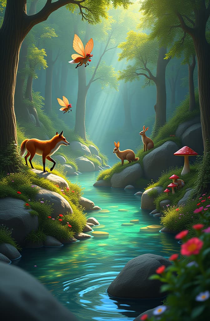  i can't create images directly, but i can help you visualize it! here’s a description you could use to guide an artist or create your own image: ### fairytale forest battle scene **foreground:** a vibrant brook winding through the scene, with crystal clear water reflecting the sunlight. on one side, a group of brave animals (like a fox, a deer, and a rabbit) are preparing for battle, looking determined. fairies flutter above, their wings sparkling in the light, casting protective spells over the animals. **midground:** gnomes crouch behind large rocks, setting clever traps with whimsical gadgets, their faces showing focus and strategy. the lush foliage is dense, with oversized mushrooms and colorful wildflowers adding to the  hyperrealistic, full body, detailed clothing, highly detailed, cinematic lighting, stunningly beautiful, intricate, sharp focus, f/1. 8, 85mm, (centered image composition), (professionally color graded), ((bright soft diffused light)), volumetric fog, trending on instagram, trending on tumblr, HDR 4K, 8K