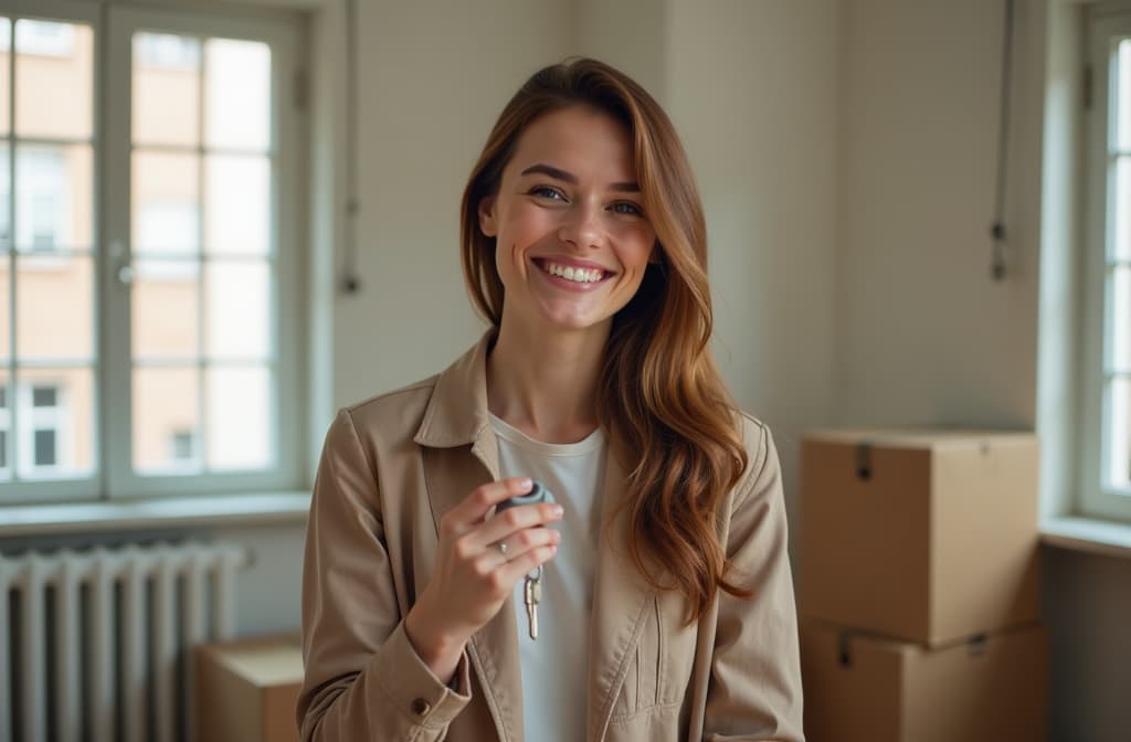  professional detailed photography, happy woman holding keys to apartment, standing in empty apartment, smiling, paper boxes nearby ar 3:2, (muted colors, dim colors, soothing tones), (vsco:0.3)