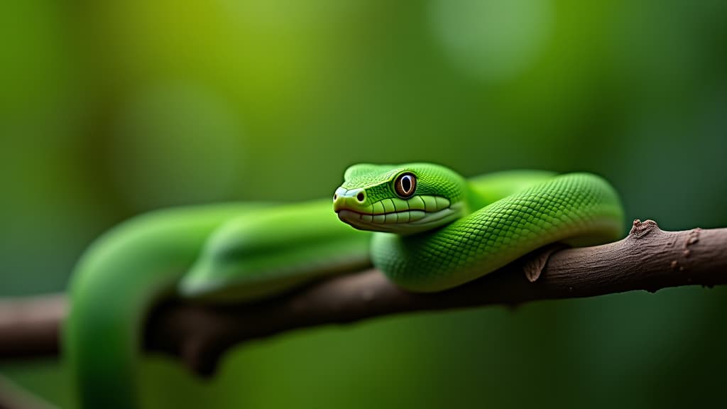  green pit viper on branch with bokeh background