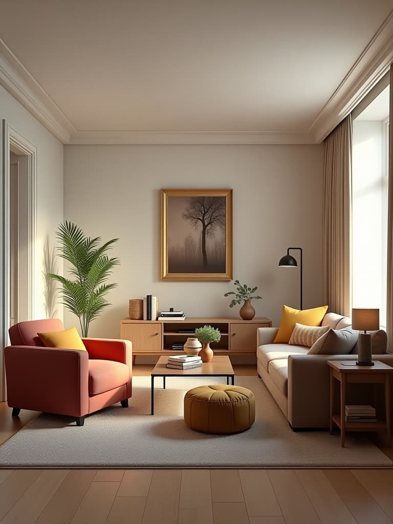  high quality portrait photo of a small living room with a neutral color palette and pops of bold accent colors, featuring minimalist furniture and decor, captured from a wide angle perspective hyperrealistic, full body, detailed clothing, highly detailed, cinematic lighting, stunningly beautiful, intricate, sharp focus, f/1. 8, 85mm, (centered image composition), (professionally color graded), ((bright soft diffused light)), volumetric fog, trending on instagram, trending on tumblr, HDR 4K, 8K