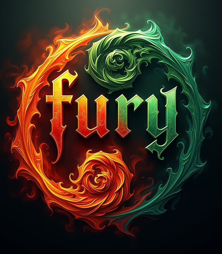  (masterpiece, digital painting, high resolution:1.3), bold calligraphy lettering art, (fiery capital letters:1.4) spelling "fury," interwoven with (toxic green letters:1.3) spelling "fear," intricate yin yang design, (dynamic swirling flames:1.2) contrasting with (dripping poison effects:1.2), layered image showcasing vibrant reds, oranges, and deep greens, abstract visual effects enhancing the duality, (fluid motion:1.1) between fire and poison, dark background to intensify colors, visually striking composition, captivating and thought provoking, rich textures, glowing highlights, dramatic shadows, conveying strong emotions and themes of conflict. hyperrealistic, full body, detailed clothing, highly detailed, cinematic lighting, stunningly beautiful, intricate, sharp focus, f/1. 8, 85mm, (centered image composition), (professionally color graded), ((bright soft diffused light)), volumetric fog, trending on instagram, trending on tumblr, HDR 4K, 8K