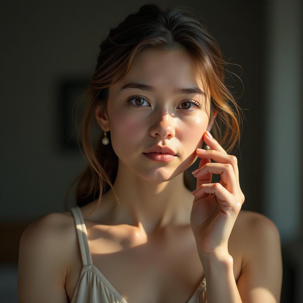  the girl is applying foundation, and she is not doing it well; her face shows dissatisfaction. hyperrealistic, full body, detailed clothing, highly detailed, cinematic lighting, stunningly beautiful, intricate, sharp focus, f/1. 8, 85mm, (centered image composition), (professionally color graded), ((bright soft diffused light)), volumetric fog, trending on instagram, trending on tumblr, HDR 4K, 8K