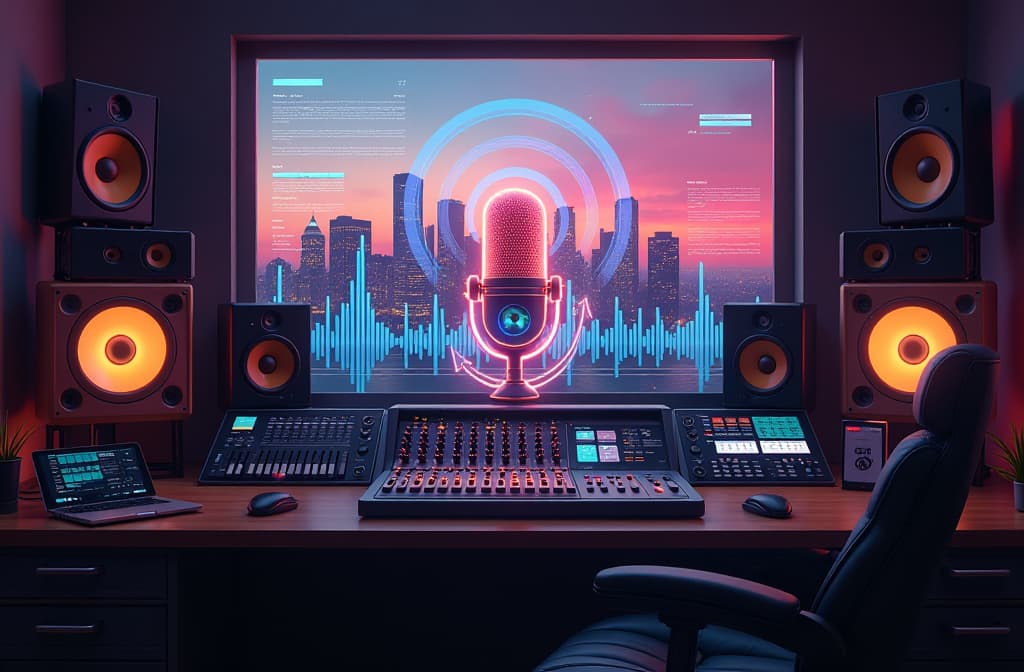  "create a futuristic sound studio filled with sleek, high tech equipment. in the center, feature a glowing holographic microphone surrounded by colorful sound waves and digital audio patterns. incorporate elements like virtual avatars and animated sound graphs, showcasing the fusion of technology and creativity, all set against a backdrop of a digital city skyline at dusk." hyperrealistic, full body, detailed clothing, highly detailed, cinematic lighting, stunningly beautiful, intricate, sharp focus, f/1. 8, 85mm, (centered image composition), (professionally color graded), ((bright soft diffused light)), volumetric fog, trending on instagram, trending on tumblr, HDR 4K, 8K