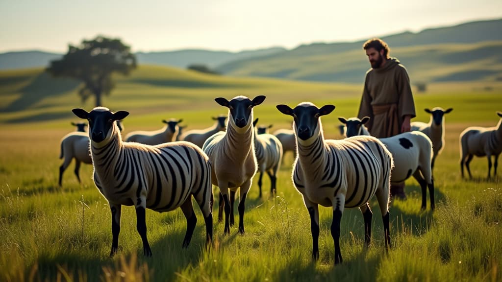  biblical times, jacob's salary: a vivid scene depicting striped and spotted sheep grazing in a lush pasture, under a bright sky, showcasing various patterns on the sheep's wool. the background includes rolling hills and trees, with jacob tending to his flock, highlighting the unique beauty of these animals. hyperrealistic, full body, detailed clothing, highly detailed, cinematic lighting, stunningly beautiful, intricate, sharp focus, f/1. 8, 85mm, (centered image composition), (professionally color graded), ((bright soft diffused light)), volumetric fog, trending on instagram, trending on tumblr, HDR 4K, 8K