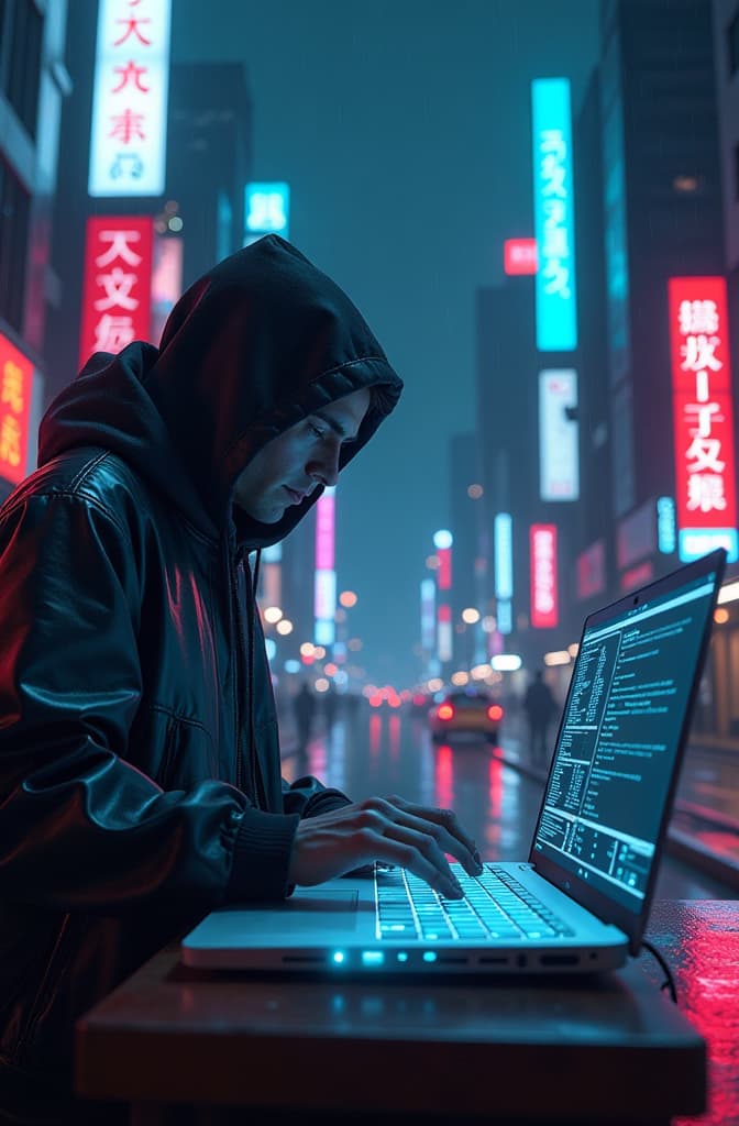  a dark, neon lit cyberpunk city with towering skyscrapers, neon signs, and holographic billboards. a futuristic hacker in a hood is typing on a glowing holographic keyboard, with streams of data swirling around. the background has faint rain, reflections on the streets, and glowing neon accents. hyperrealistic, full body, detailed clothing, highly detailed, cinematic lighting, stunningly beautiful, intricate, sharp focus, f/1. 8, 85mm, (centered image composition), (professionally color graded), ((bright soft diffused light)), volumetric fog, trending on instagram, trending on tumblr, HDR 4K, 8K