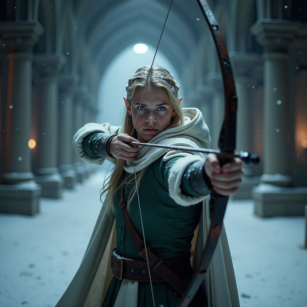  cinematic photo digital photo. a large hall with high vaults covered with darkness. too dark. a strong wind blows, a snowstorm sweeps. bad visibility. close up. a blonde elf archer shrouded in a snow whirlwind shoots from a bow . 35mm photograph, film, bokeh, professional, 4k, highly detailed