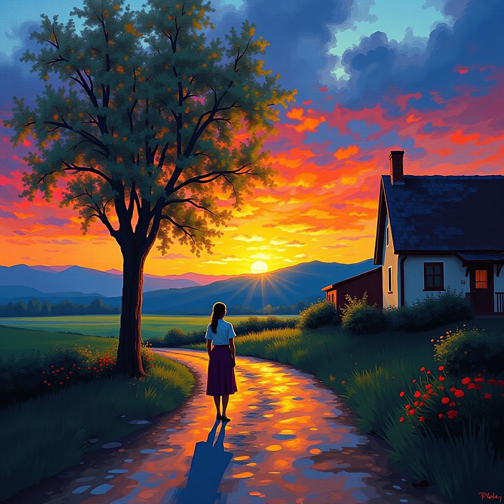  impressionist painting oil painting. van gogh. sunset in the village. night. . loose brushwork, vibrant color, light and shadow play, captures feeling over form hyperrealistic, full body, detailed clothing, highly detailed, cinematic lighting, stunningly beautiful, intricate, sharp focus, f/1. 8, 85mm, (centered image composition), (professionally color graded), ((bright soft diffused light)), volumetric fog, trending on instagram, trending on tumblr, HDR 4K, 8K