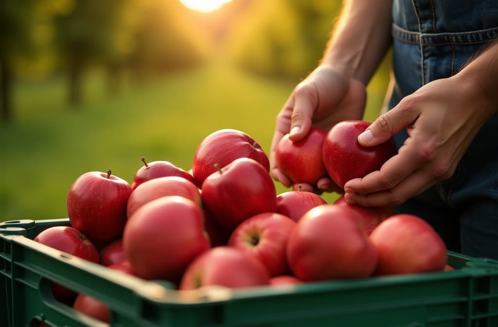  cinematic film style, apple picking. close up of a crate of ripe apples against a background of an orchard. farmers' hands. , shallow depth of field, vignette, maximum details, high budget hollywood movie, bokeh, cinemascope, moody, epic, gorgeous, sun rays and shadows on furniture and surfaces, flattering light, raw photo, photography, photorealistic, 8k resolution, f1.4, sharpened focus, sharp focus