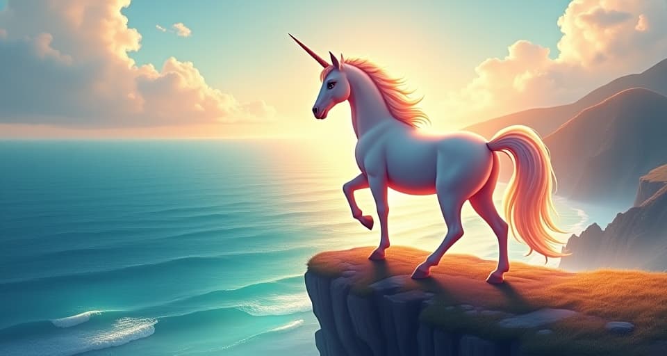  a majestic unicorn, ethereal and luminous, standing proudly on a cliff overlooking a sparkling ocean. the scene is bright and inspiring, symbolizing thriving despite challenges.. the style is digital art illustration,highly detailed, whimsical,magical, dreamlike atmosphere, realism and fantasy blend, smooth, glossy textures,luminous quality, wonder and enchantment.