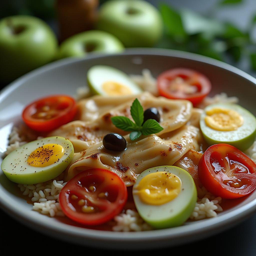  a visual of a dish made using green apples, rice, ravioli, tomatoes, eggs, olives. the visual should include all ingredients, but it should be a dish that is created by mixing all ingredients. hyperrealistic, full body, detailed clothing, highly detailed, cinematic lighting, stunningly beautiful, intricate, sharp focus, f/1. 8, 85mm, (centered image composition), (professionally color graded), ((bright soft diffused light)), volumetric fog, trending on instagram, trending on tumblr, HDR 4K, 8K