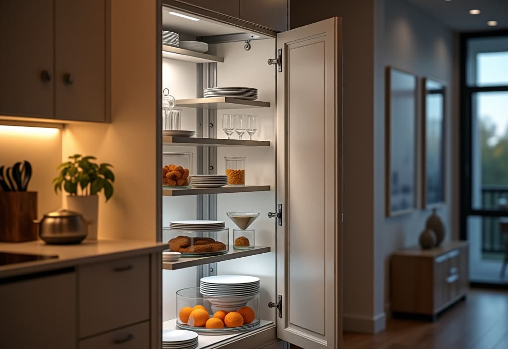  a landscape photo of a close up of an innovative corner cabinet solution in a contemporary kitchen, featuring a carousel system with adjustable shelves, maximizing awkward space hyperrealistic, full body, detailed clothing, highly detailed, cinematic lighting, stunningly beautiful, intricate, sharp focus, f/1. 8, 85mm, (centered image composition), (professionally color graded), ((bright soft diffused light)), volumetric fog, trending on instagram, trending on tumblr, HDR 4K, 8K