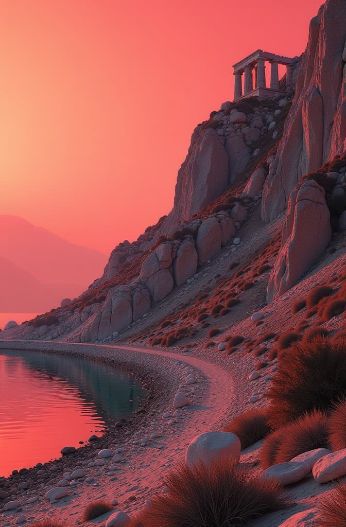  a panoramic shot with a thick red atmosphere featuring a steep slope with greek ruins at the top. on the other side is a shallow nearly dried up lake, with more ruins. the slope is thickly covered in translucent weathered stones in different sizes, shapes and colors. hyperrealistic, full body, detailed clothing, highly detailed, cinematic lighting, stunningly beautiful, intricate, sharp focus, f/1. 8, 85mm, (centered image composition), (professionally color graded), ((bright soft diffused light)), volumetric fog, trending on instagram, trending on tumblr, HDR 4K, 8K