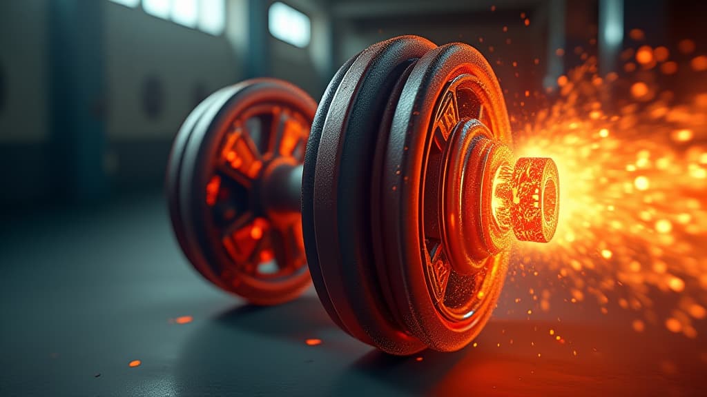  dynamic dumbbell with a burst of energy, symbolizing strength and fitness motivation, high quality, high details, hd, perfect composition, 4k epic detailed, highly detailed, sharp focus, high resolution