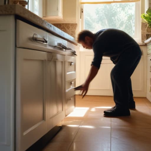 A photo of a professional repair technician meticulously inspecting the inner workings of a dishwasher at a client's cozy kitchen in the late afternoon light, casting warm, inviting shadows across the pristine countertops.