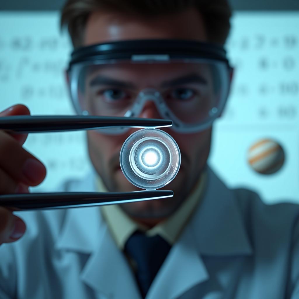  create a high quality, photorealistic image that vividly depicts the following scene: "zoomed in perspective of a radiant particle of zinc securely grasped by a pair of polished chrome scientific forceps. the particle emanates a gentle cosmic glow, within which the radiant rings of jupiter and a suspended holographic football can be seen reflected. on the backdrop, a partly obscured whiteboard filled with mathematical formulas creates an intriguing blur. the entire spectacle is seen through the lens of a pair of pilot's goggles, the eyes behind them filled with the awe of new discovery. illumination replicates a research lab setting, sharp and icy. captured with a nikon d850, equipped with a wide angle lens, aperture f/2.2, iso 150, sh hyperrealistic, full body, detailed clothing, highly detailed, cinematic lighting, stunningly beautiful, intricate, sharp focus, f/1. 8, 85mm, (centered image composition), (professionally color graded), ((bright soft diffused light)), volumetric fog, trending on instagram, trending on tumblr, HDR 4K, 8K