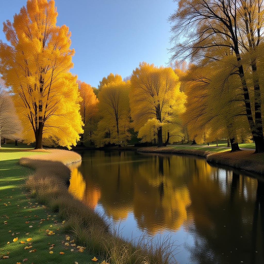  autumn landscape, trees with yellowing leaves around the pond.