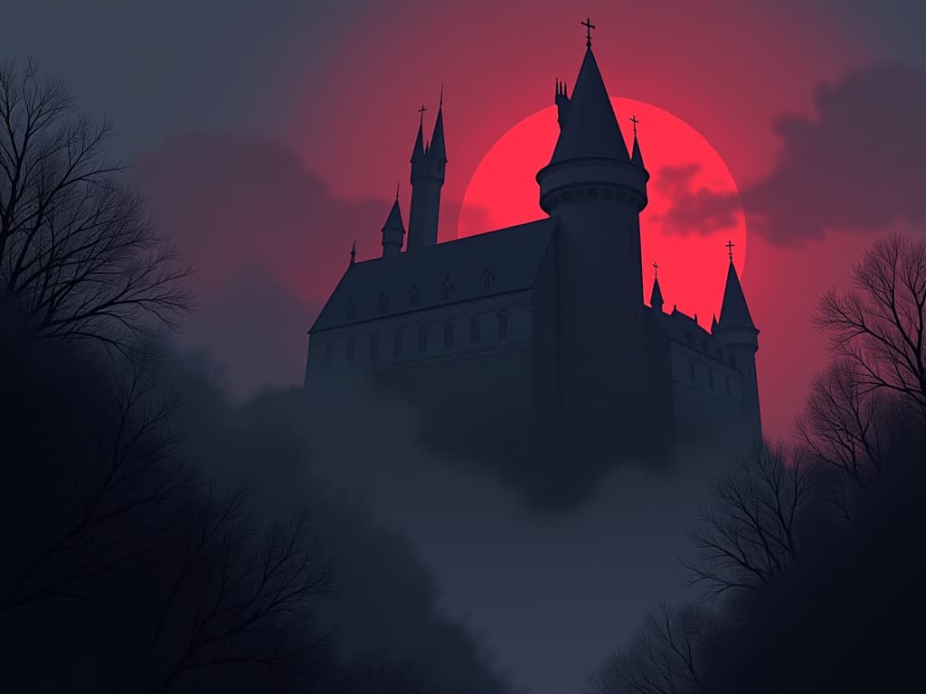  gothic castle shrouded in twilight mist, ominous towers, unsettling ambiance, feeling of deep discomfort. the style is digital art illustration / modern comic book / graphic dark novel fantasy and mysterious occult, symbolic, moody lighting, esoteric vibe,high detail on character design. for the color scheme emphasize blacks and reds.