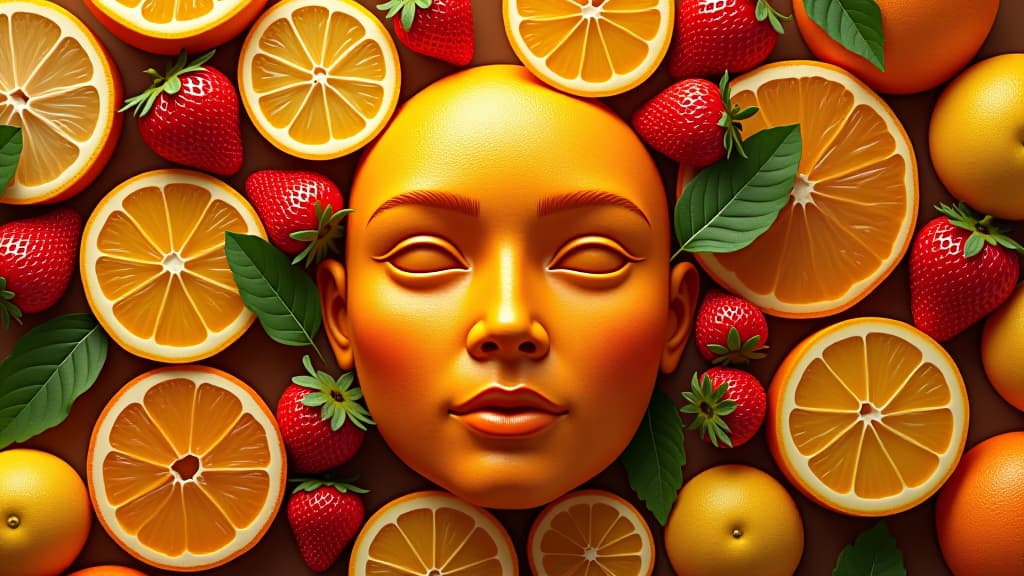  illustration of vitamin c deficiency with a face surrounded by citrus fruits and strawberries