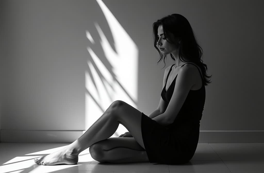  super wide view, vincent peters style, high contrast, light, woman sittilg under palm, black and white full body portrait of young woman ar 3:2 ar 3:2 {prompt}, maximum details