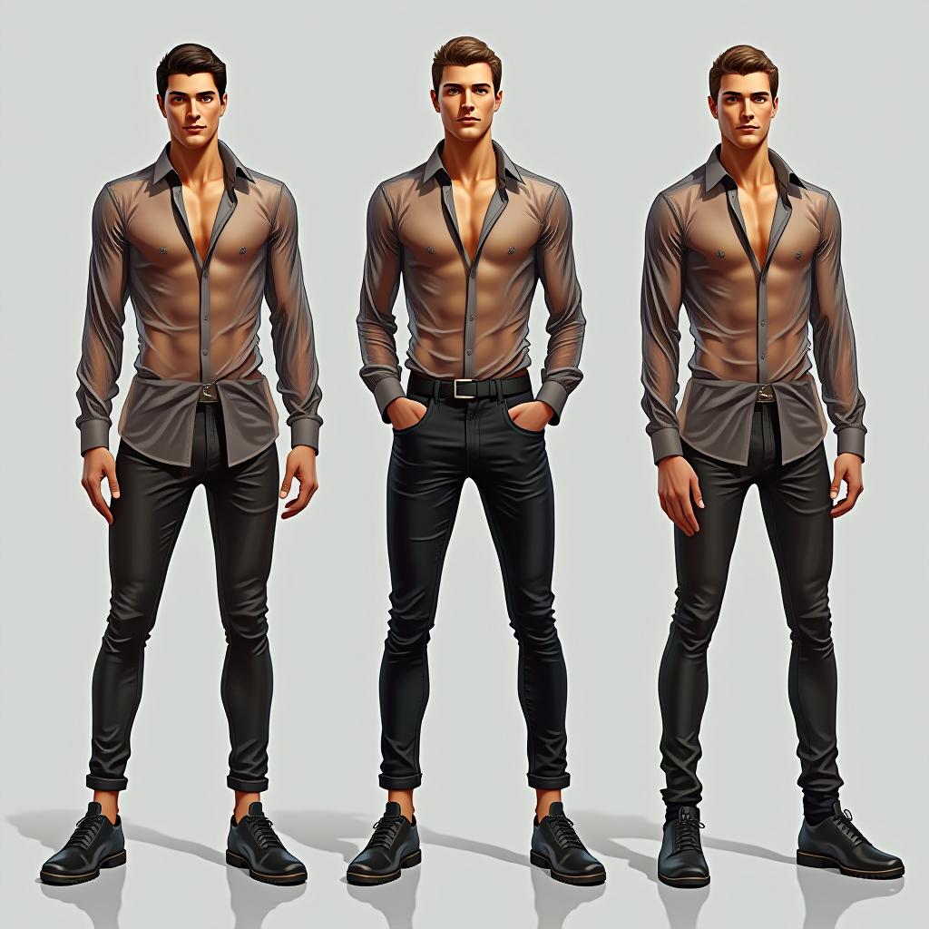  fashion illustration, men wearing transparent shirt and skinny pants,in different poses, as on a photo set, award winning, professional, highly detailed, masterpiece