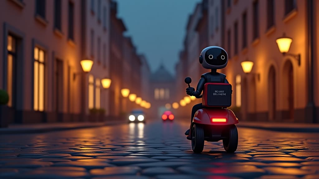  delivery robot on cobblestone street at night 3d illustration