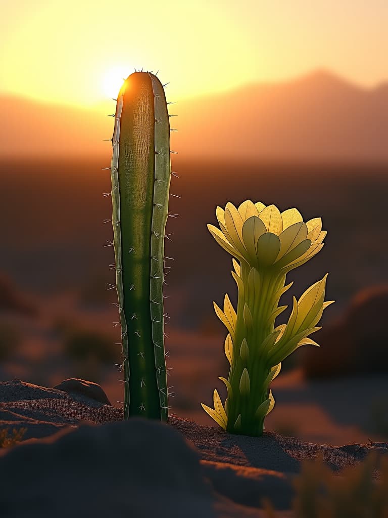  glass cactus and glass flower in the desert at dawn hyperrealistic, full body, detailed clothing, highly detailed, cinematic lighting, stunningly beautiful, intricate, sharp focus, f/1. 8, 85mm, (centered image composition), (professionally color graded), ((bright soft diffused light)), volumetric fog, trending on instagram, trending on tumblr, HDR 4K, 8K