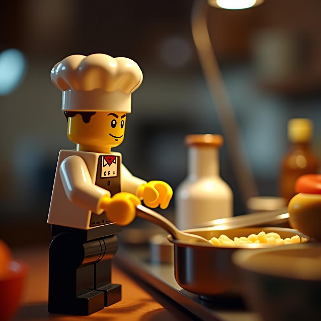  close up of lego chef minifigure cooking for homeless. focus on lego hands using utensils, showing culinary skill. warm kitchen lighting, late morning atmosphere. canon eos r5, 50mm f/1.4 lens. capture intricate cooking techniques. background hints at charitable setting. inspired by paul bocuse and massimo bottura's styles. freeze frame moment of food preparation. convey compassion and altruism through scene details.