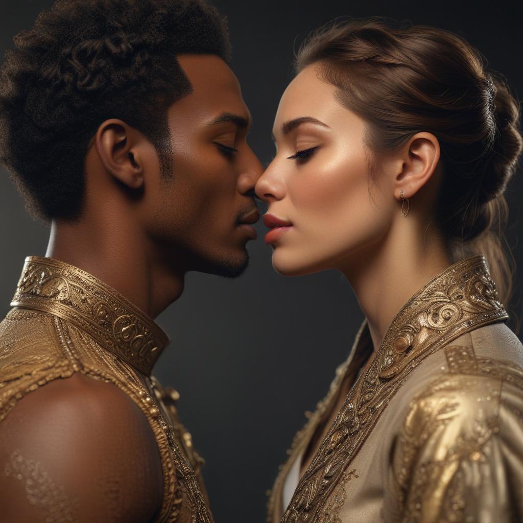 ((masterpiece)),(((best quality))), 8k, high detailed, ultra detailed, dark skinned woman kissing light skinned man with love and unity, passionate moment, cultural diversity, romantic setting, detailed facial expressions hyperrealistic, full body, detailed clothing, highly detailed, cinematic lighting, stunningly beautiful, intricate, sharp focus, f/1. 8, 85mm, (centered image composition), (professionally color graded), ((bright soft diffused light)), volumetric fog, trending on instagram, trending on tumblr, HDR 4K, 8K