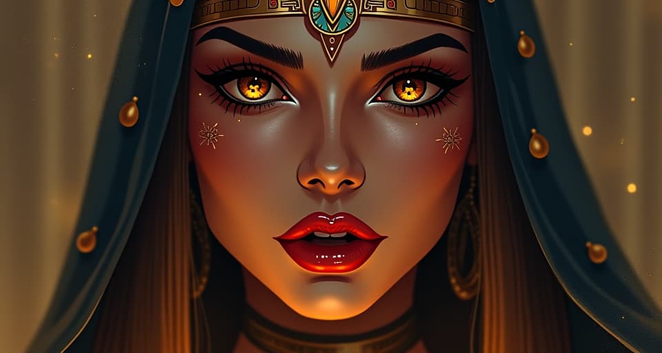  smooth lips of a high priestess, uttering blessings, soft ambient glow, aura of authority. the style is digital art illustration / modern comic book / mysterious occult, symbolic, esoteric vibe,high detail on character design, incorporating ancient egyptian symbology and attire.