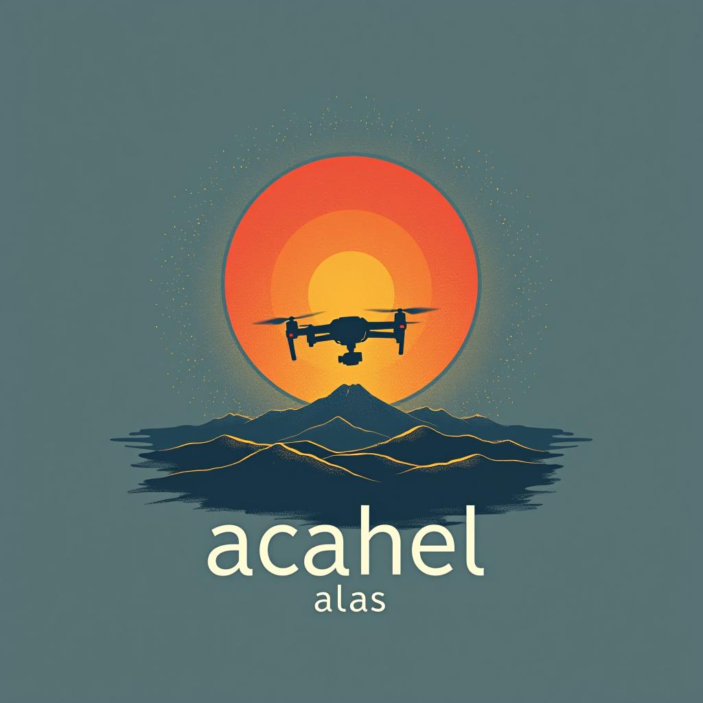  design a logo, estilo acuarela, en medio de unas alas poner un horizonte artificial con el texto acahel , with the text 'drone alas'.