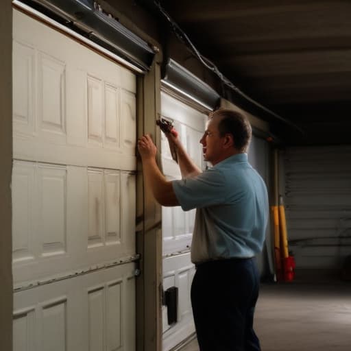 A photo of a skilled technician examining the hinges of a garage door in a dimly-lit underground parking lot during the late evening with a single overhead fluorescent light casting dramatic shadows.