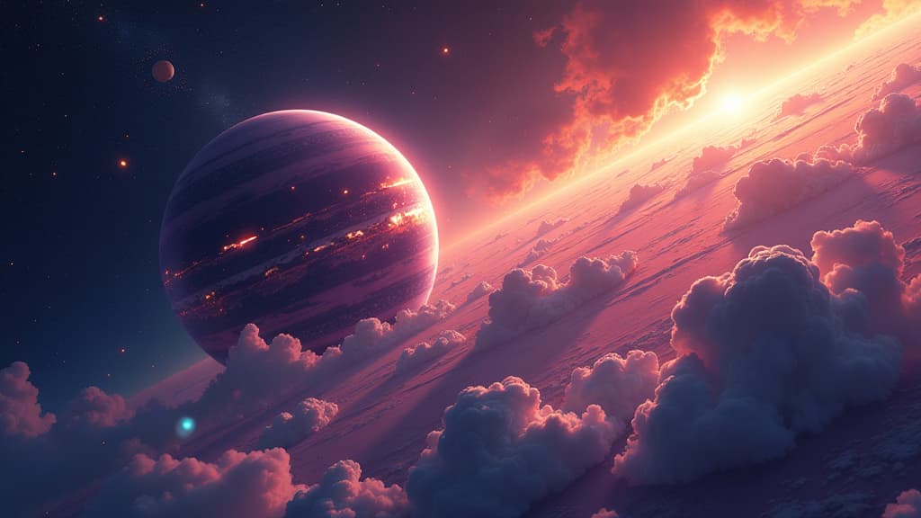  prompt: create an ultra realistic and detailed image capturing the atmosphere of the gas giant wasp 189b as observed by the minisatellite cute. the scene should depict a colorful and vibrant gas giant with swirling clouds and extreme atmospheric conditions. include the minisatellite cute in orbit, showcasing its advanced technology and compact size. ensure the image shows the diversity and extremes of this distant world, with sharp, intricate details of the gas giant's atmosphere. incorporate na